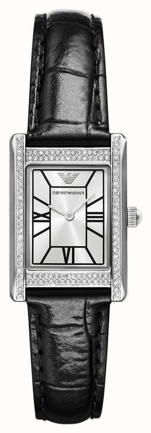 Emporio Armani Two Hand Crystals Silver Dial Black Leather Strap Watch for Women - AR11623
