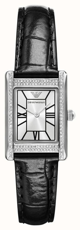 Emporio Armani Two Hand Crystals Silver Dial Black Leather Strap Watch for Women - AR11623