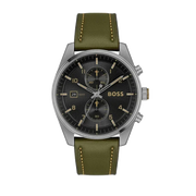 Hugo Boss Skytraveller Chronograph Black Dial Green Leather Strap Watch for Men - 1514148