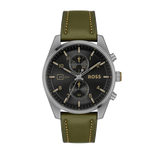 Hugo Boss Skytraveller Chronograph Black Dial Green Leather Strap Watch for Men - 1514148