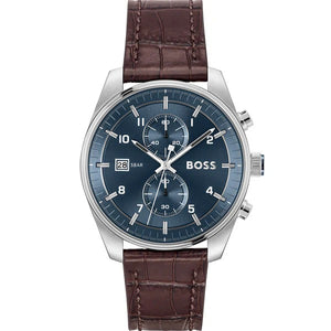 Hugo Boss Skytraveller Chronograph Blue Dial Brown Leather Strap Watch for Men - 1514194