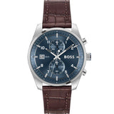 Hugo Boss Skytraveller Chronograph Blue Dial Brown Leather Strap Watch for Men - 1514194