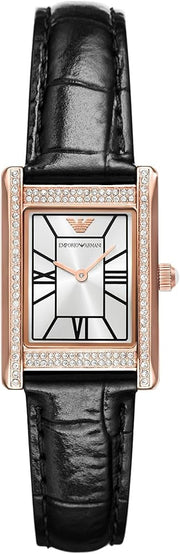 Emporio Armani Genni Silver Dial Black Leather Strap Watch for Women - AR11624