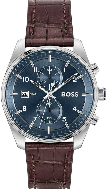 Hugo Boss Skytraveller Chronograph Blue Dial Brown Leather Strap Watch for Men - 1514194