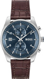 Hugo Boss Skytraveller Chronograph Blue Dial Brown Leather Strap Watch for Men - 1514194