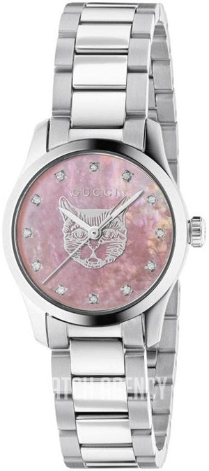 Gucci G Timeless Diamonds Pink Mother of Pearl Dial Silver Steel Strap Watch for Women - YA1265025