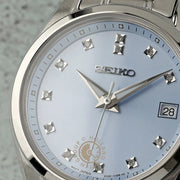 Seiko Diamond Blue Dial Silver Steel Strap Watch for Women - SUR581P1