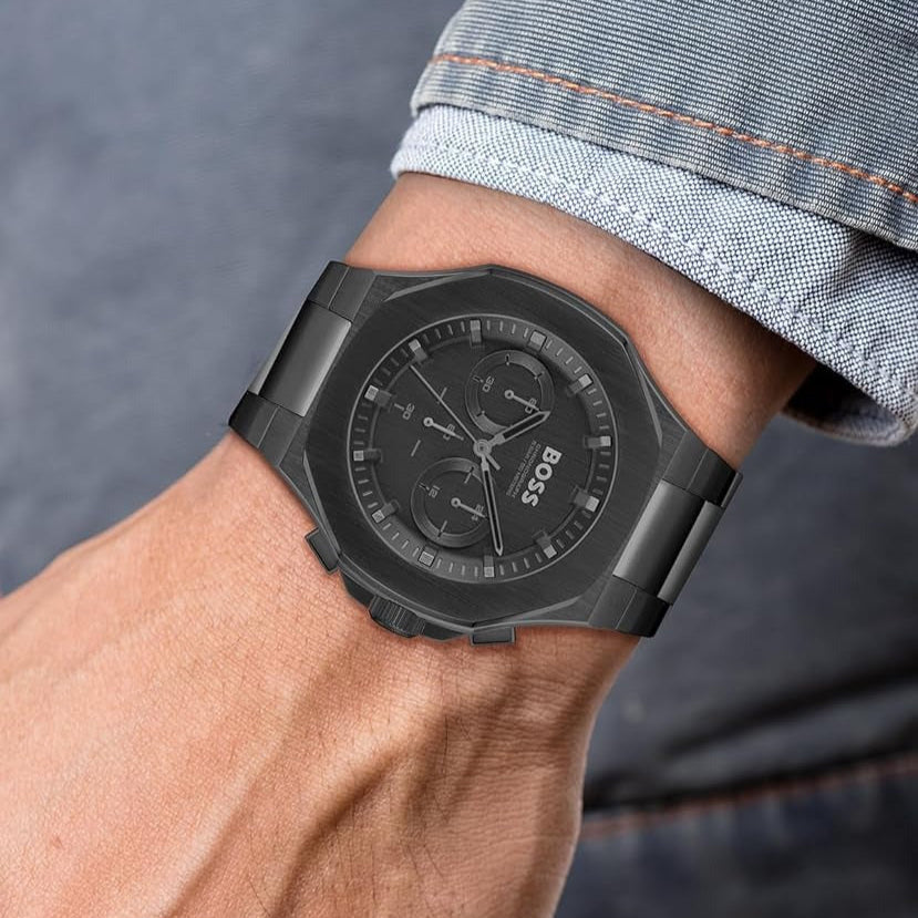 Montre chronographe Hugo Boss Taper pour homme, cadran noir, bracelet en acier noir