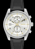 Hugo Boss Skytraveller Chronograph Silver Dial Black Leather Strap Watch for Men - 1514147