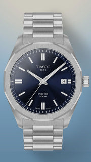Tissot PRC 100 Solar Quartz Blue Dial Silver Steel Strap Watch for Men - T151.422.11.041.00