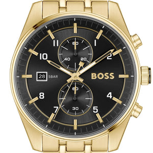 Hugo Boss Skytraveller Chronograph Black Dial Gold Steel Strap Watch for Men - 1514152