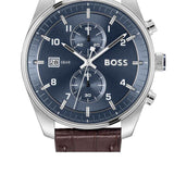Hugo Boss Skytraveller Chronograph Blue Dial Brown Leather Strap Watch for Men - 1514194
