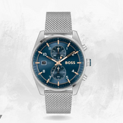 Hugo Boss Skytraveller Chronograph Blue Dial Silver Mesh Strap Watch for Men - 1514149