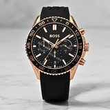 Hugo Boss Runner Chronograph Black Dial Black Silicone Strap Watch for Men - 1514168