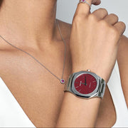 D1 Milano Ultra Thin Bordeaux Red Dial Silver Steel Strap Watch for Unisex - D1-UTBJ11