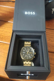 Hugo Boss Skytraveller Chronograph Black Dial Gold Steel Strap Watch for Men - 1514152