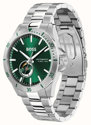 Hugo Boss Troper Automatic Chronograph Green Dial Silver Steel Strap Watch for Men - 1514200
