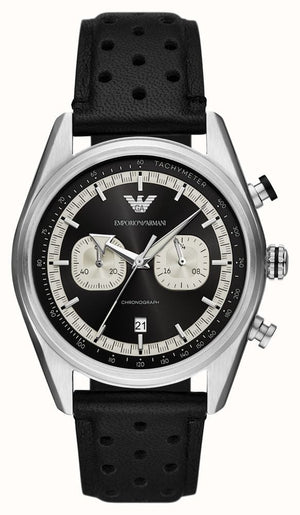 Emporio Armani Racer Chronograph Black Dial Black Leather Strap Watch for Men - AR11635