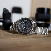 Seiko Prospex Speedtimer Solar Chronograph Black Dial Silver Steel Strap Watch for Men - SSC819
