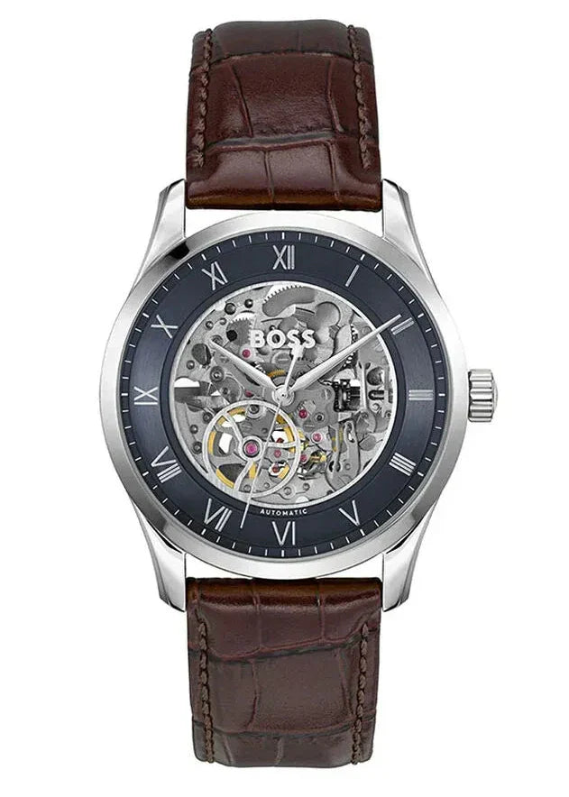 Hugo Boss Principle Skeleton Blue Dial Brown Leather Strap Watch for Men - 1514305