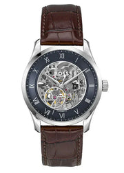 Hugo Boss Principle Skeleton Blue Dial Brown Leather Strap Watch for Men - 1514305