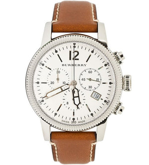 Burberry Utilitarian Chronograph White Dial Brown Leather Strap Watch for Men - BU7817