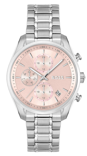 Hugo Boss Grand Tour Chronograph Pink Mother of Pearl Dial Silver Steel Strap Watch for Women - 1502765