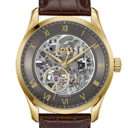 Hugo Boss Principle Skeleton Grey Dial Brown Leather Strap Watch for Men - 1514235