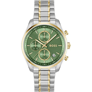Hugo Boss Grand Tour Chronograph Green Dial Two Tone Steel Strap Watch for Women - 1502766