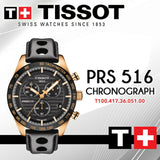 Tissot PRS 516 Chronograph Black Dial Jam Tangan Tali Kulit Hitam Untuk Pria - T100.417.36.051.00