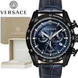 Versace V-Ray Chronograph Quartz Blue Dial Black Leather Strap Watch For Men - VEDB00418