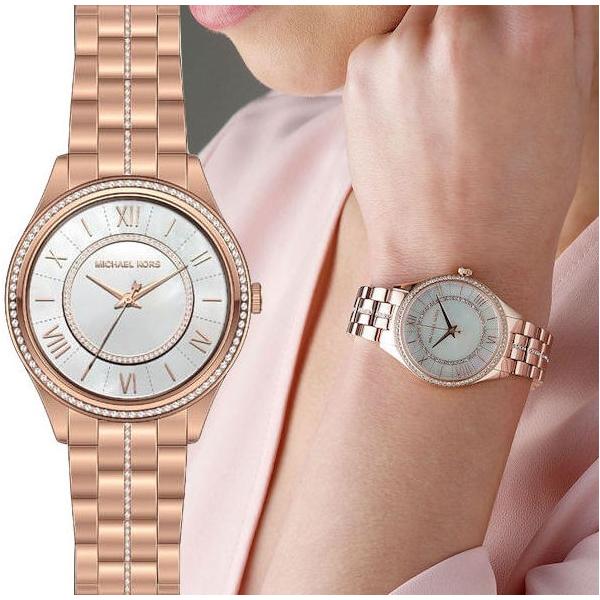 Michael Kors Lauryn Mother of Watch Women Steel Gold Dial Strap for Pearl Rose