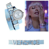 Versace V Flare Silver Dial Blue Leather Strap Watch for Women - VEBN00118