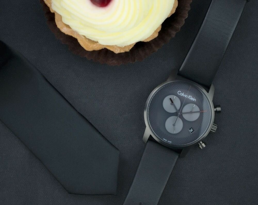 Calvin Klein City Chronograph Grey Dial Black Leather Strap Watch for Men - K2G177C3