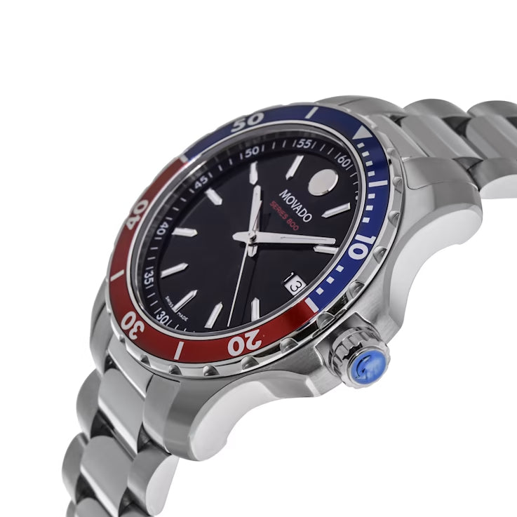 Movado Series 800 Pepsi Black Dial Silver Steel Strap Watch for Men - 2600152