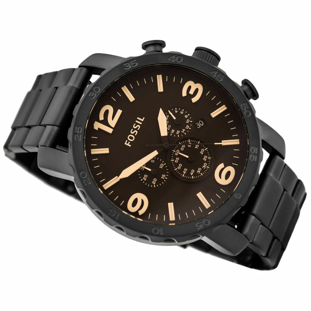 Fossil Nate Chrongraph Black Black Strap Men Steel Dial Black Watch Ion Plated for