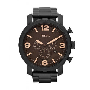 Fossil Nate Chrongraph Ion Plated Black Dial Black Steel Strap Watch for Men - JR1356