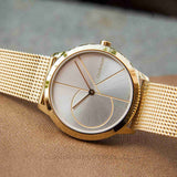 Calvin Klein Minimal Silver Dial Gold Mesh Bracelet Watch for Women - K3M22526