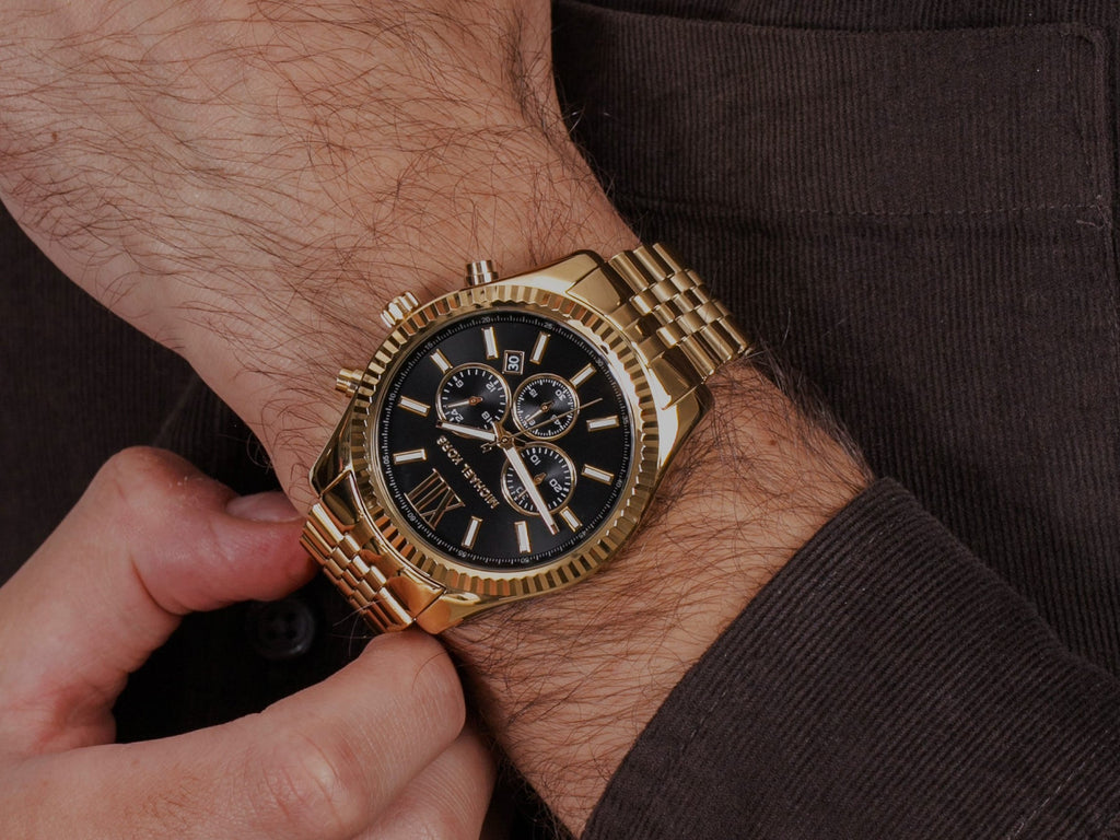 Michael Kors Lexington Chronograph Black Dial Gold Steel Strap Watch for Men