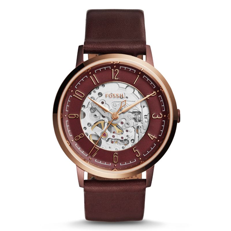Fossil Vintage Muse Automatic Skeleton Maroon Dial Maroon Leather