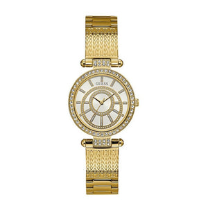Guess Muse Crystals White Dial Rose Gold Steel Strap Watch For Women - W1008L2