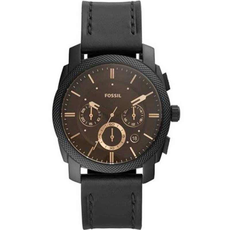 Fossil Machine Chronograph Black Dial Black Leather Strap Watch for Men - FS5586