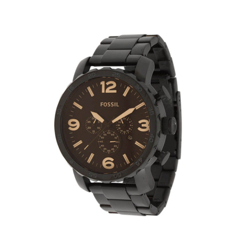 Fossil Nate Chrongraph Plated Dial Strap Watch for Steel Black Ion Black Men Black