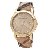 Burberry The City Gold Dial Haymarket Brown Leather Strap Watch for Women - BU9026