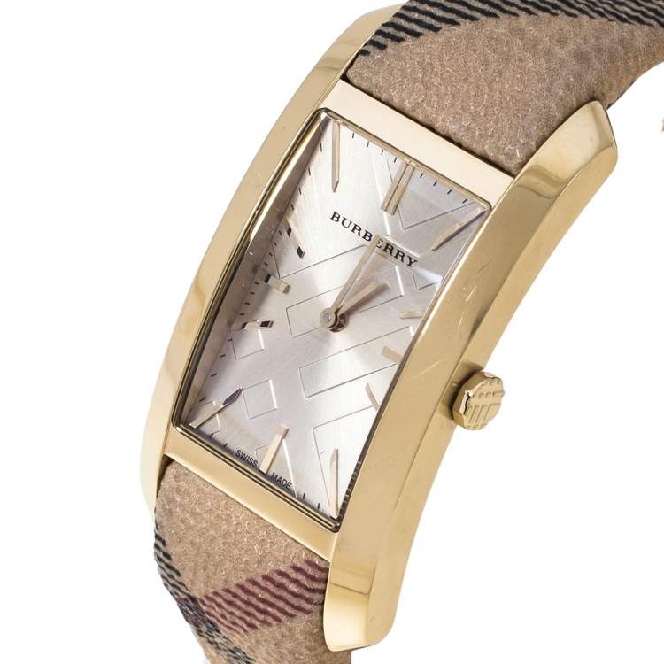 Burberry Pioneer Champagne Dial Haymarket Beige Leather Strap
