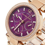 Michael Kors Mini Parker Multi-Function Plum Mother of Pearl Dial Rose Gold Steel Strap Watch For Women - MK6403