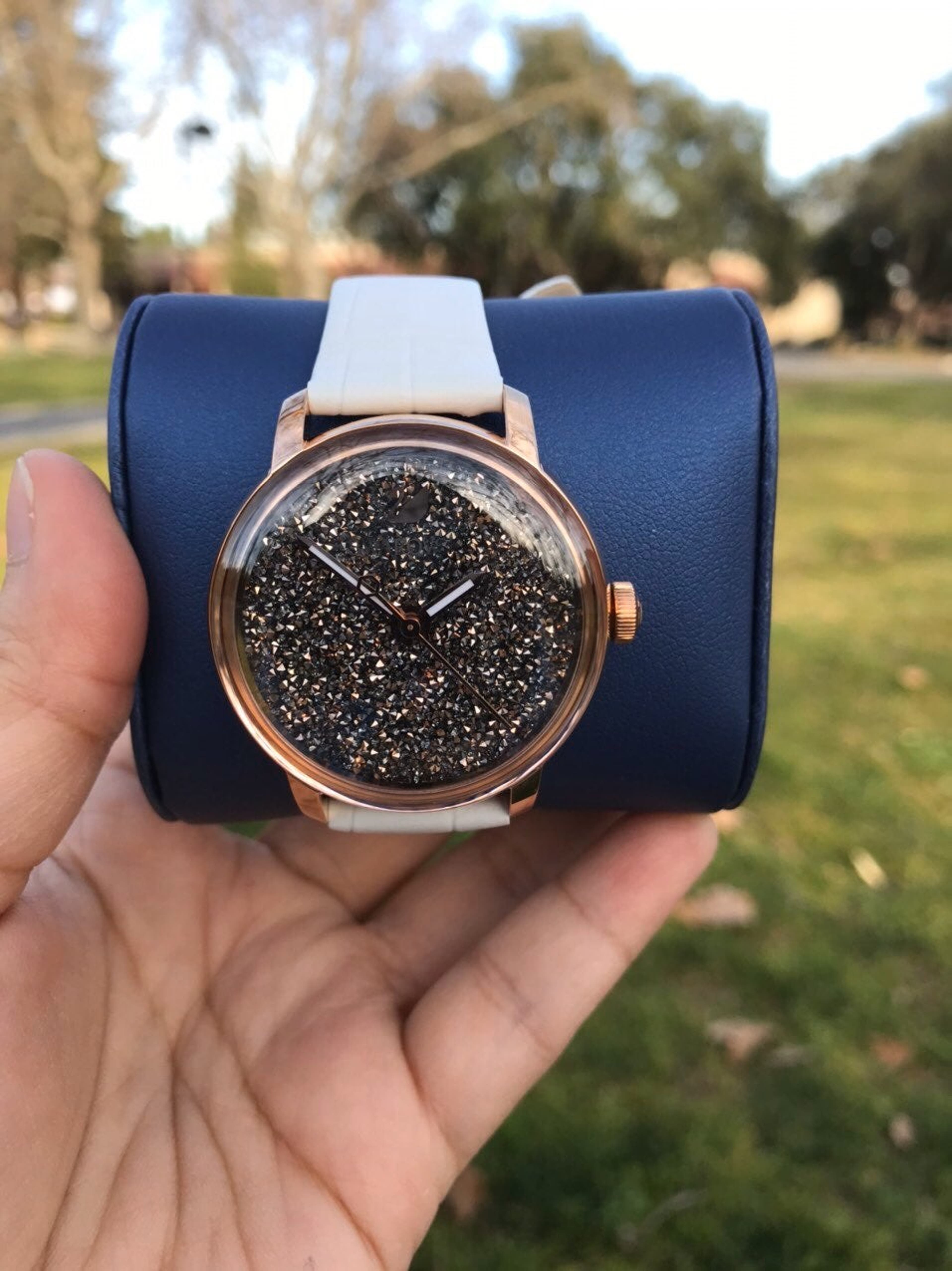 Swarovski Crystalline Hours Quartz Grey Dial Black Leather Strap Watch