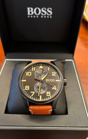Hugo Boss Aeroliner Maxx Chronograph Black Dial Brown Leather Strap Watch For Men - 1513082