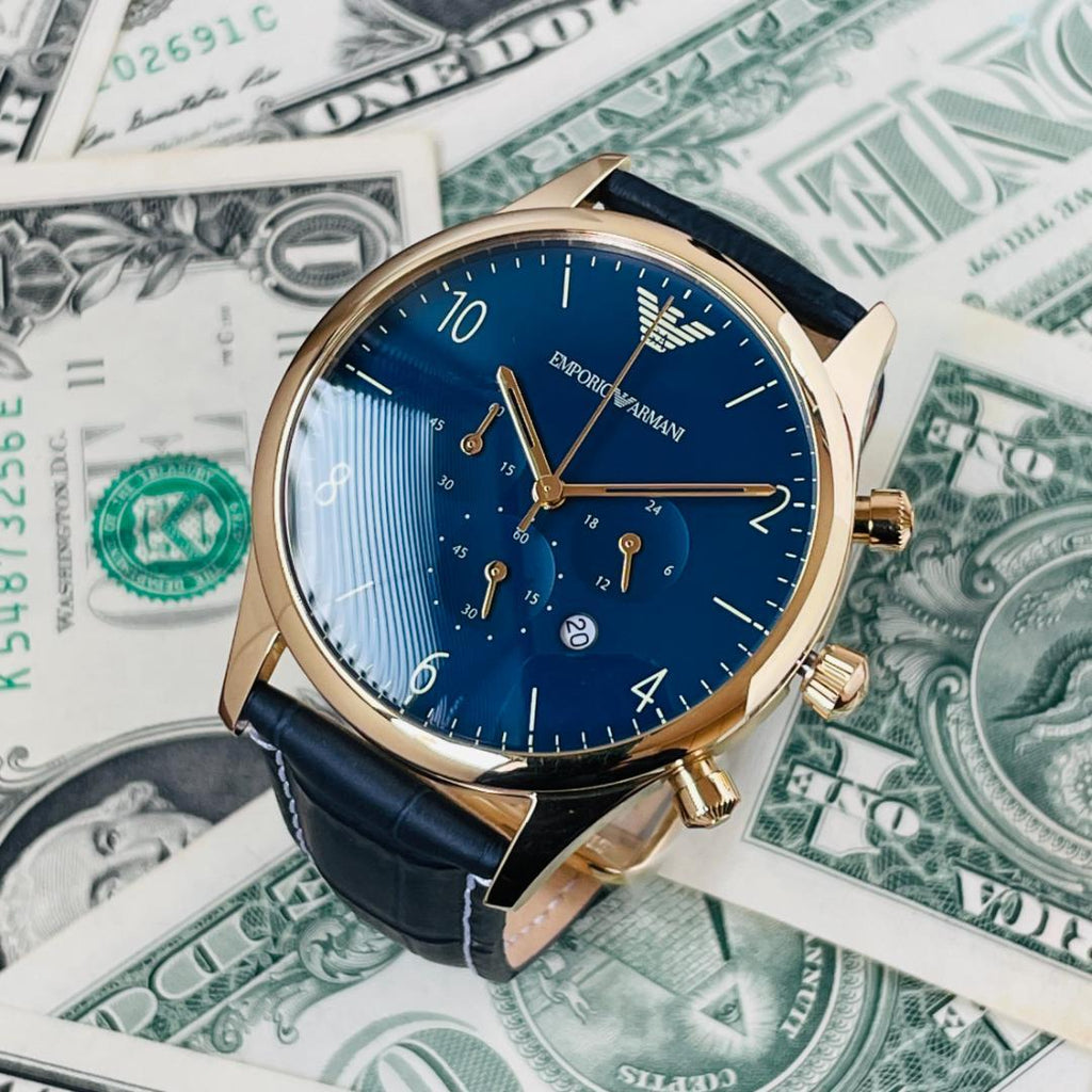 Emporio Armani Chronograph Midnight Blue Dial Blue Leather Strap