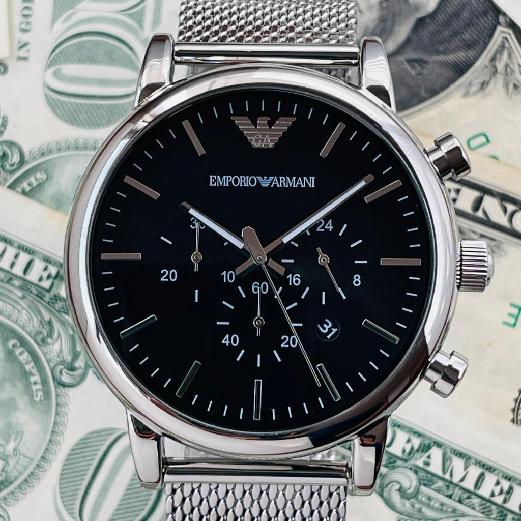 Emporio Armani Luigi Black Dial Silver Mesh Bracelet Watch For Men